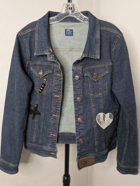 Women’s Dark Blue Denim Jean Jacket with Patch Details